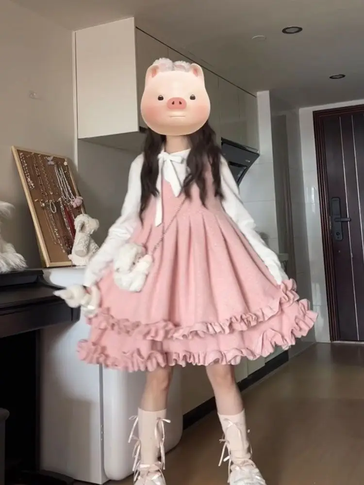 اليابانية الحلو لوليتا فستان 2 قطعة مجموعة Preppy نمط الدانتيل كم طويل القوس س الرقبة كشكش Kawaill فضفاض أضعاف تي شيرت 2025 الخريف