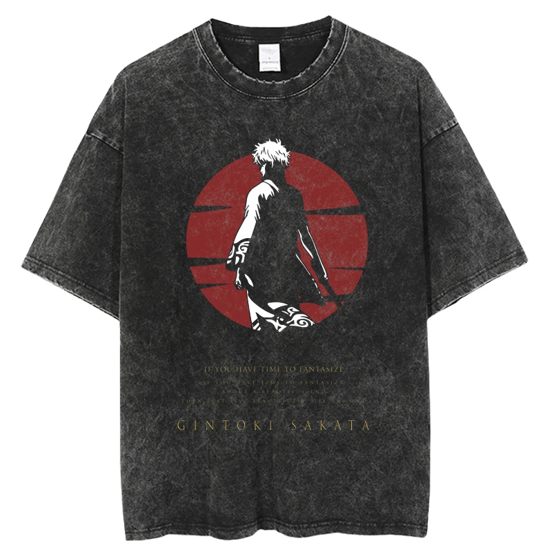 Anime Gintama Graphics Print T Shirt Vintage Washed Cotton Top Funny Anime Manga Tees Streetwear