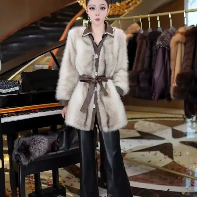 

Модная роскошная куртка из искусственного меха под кожу с эффектом похудения, омолаживающая, с поясом, пушистое пальто для женщин, элегантный стиль