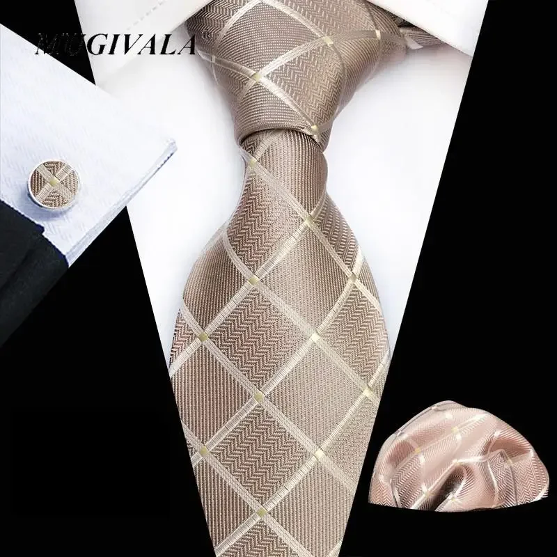 MUGIVALA 8cm Plaid Formal Wear Men's Tie, Pocket, Cufflinks Three-piece Suit Business Party Wedding Necktie Set For Men