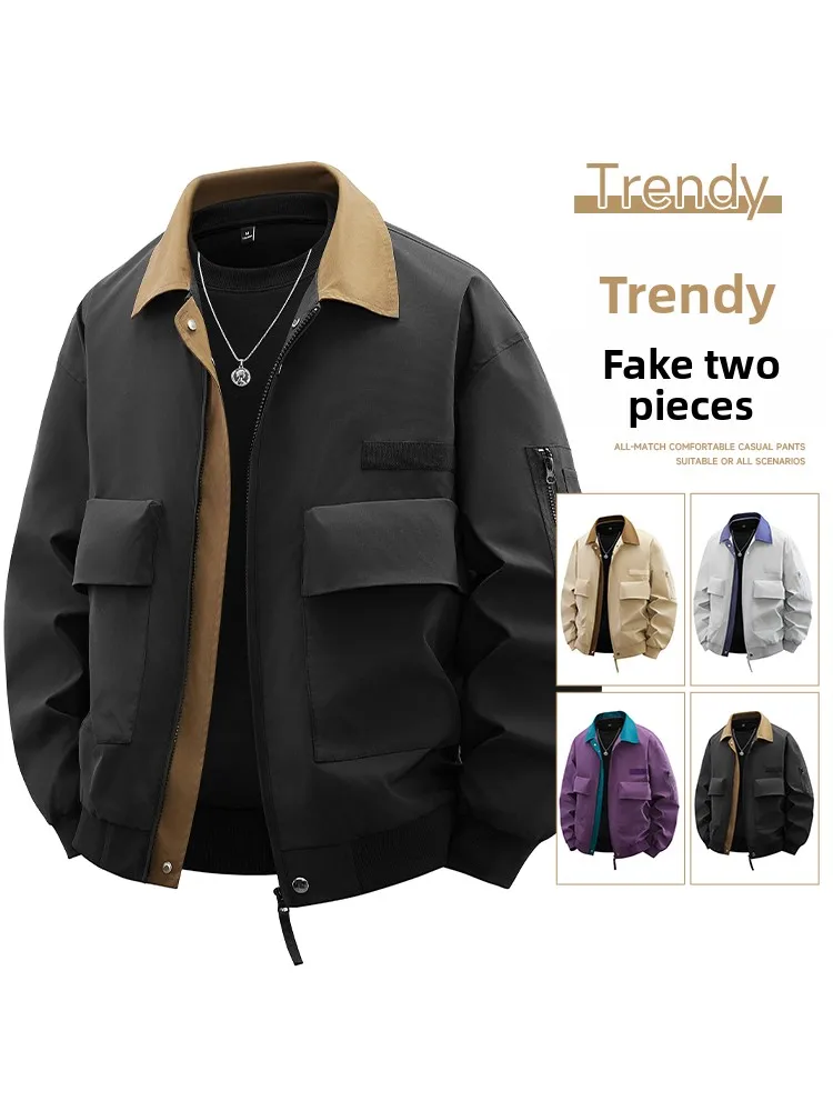 

Mo Two-Piece Jaet Men's Spring Autumn irt Sle Jaet Trendy Brand Splicing Top Youth Hong Kong Sle Coat Loose Fit