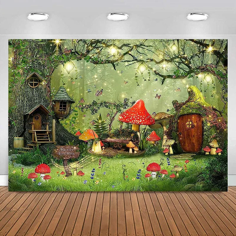 Fondo de bosque encantado seta fantasía cuento de hadas país de las Maravillas fotografía fondo niños decoración de fiesta de cumpleaños Banner