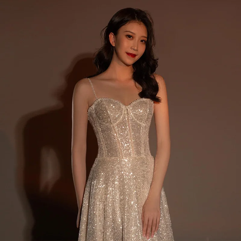 

French Simple Champagne Color Sequin Prom Gown A-line Spaghetti Strap Women's Evening Dress Beading Backless Cocktail Dresses