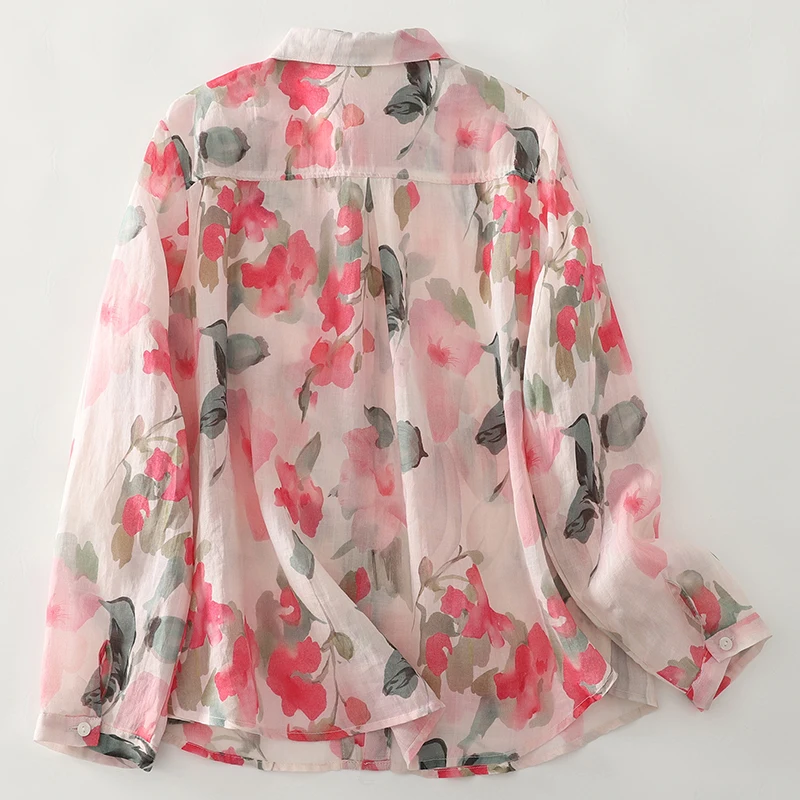 Moda chique camisa de linho algodão fino floral manga longa blusa boho praia festa 2025 primavera verão