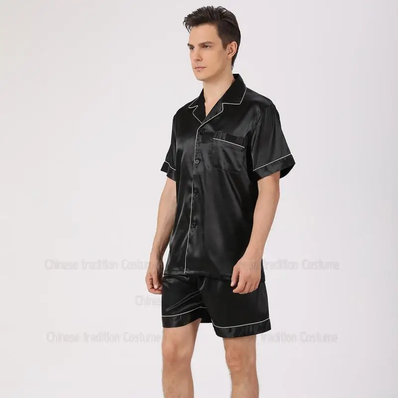 New Short Sleeve Pajama Sets Men Sleepwear Ice Silk Satin Sleepwear Man Button-Down Shirt & Elastic Waist Shorts 2Pcs Outfit