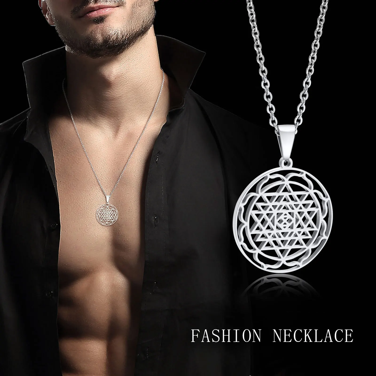 Vnox Men Vintage Hinduism Symbol Sri Yantra Chakra Amulet Talisman Pendant Necklace,Stainless Steel Meditation Geometric Jewelry