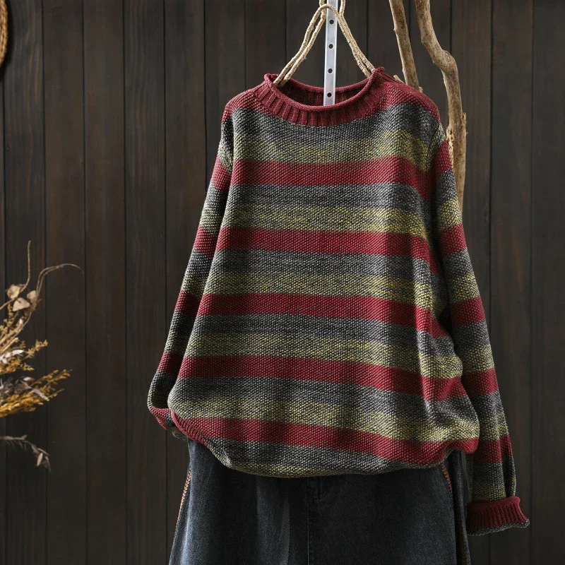 Women Vintage Mori Girl Striped Knitted Sweaters Pullovers Autumn New O-neck Long Sleeve Casual Loose Knitwear Tops
