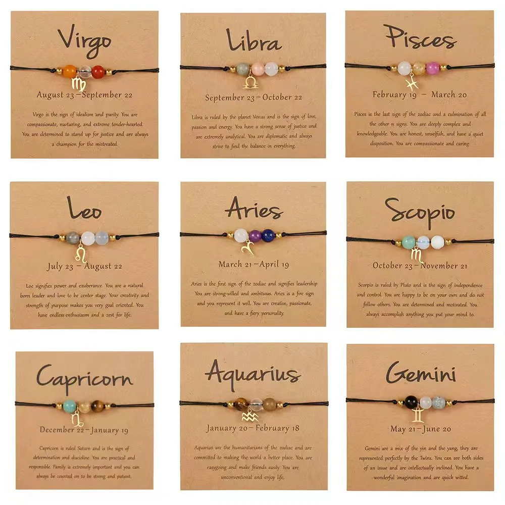 Handgefertigtes 12-Sternzeichen-Naturstein-Charm-Armband für Damen und Herren, geflochtenes Kartenpapier-Armband, Löwe, Jungfrau, Waage, Geschenk, verstellbar – Detail 2