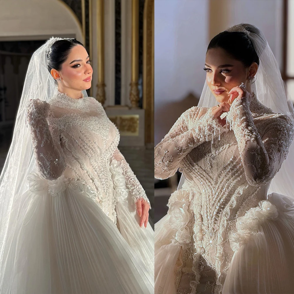 

Великолепное свадебное платье трапециевидной формы для женщин с жемчужным вырезом и длинными рукавами, свадебное платье с кристаллами и 3D аппликациями, съемный шлейф по индивидуальному заказу