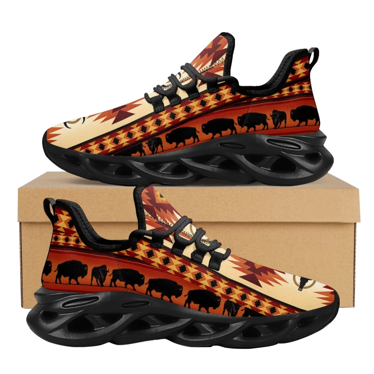 INSTANTARTS Tribal Aztec Cow Sneakers Lightweight Breathable Mesh Soft Shoes Women Outdoor Sports Tennis Walking Vulcanize Shoes