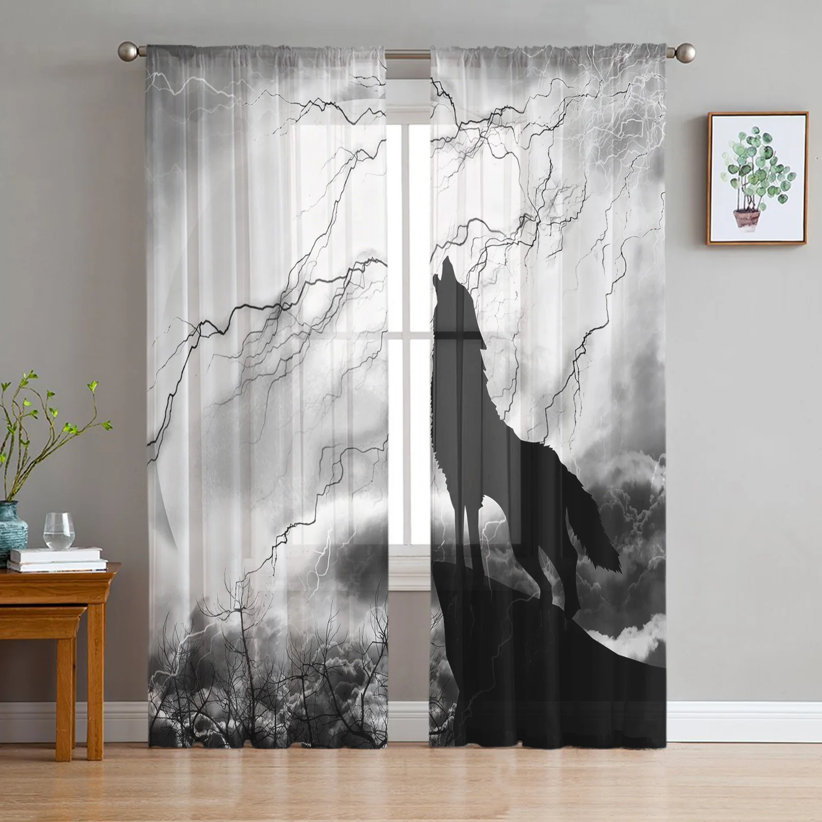 

Black Wolf Night Lightning Wild Animal Sheer Curtains for Living Room Decoration Window Curtains Kitchen Tulle Voile Curtains