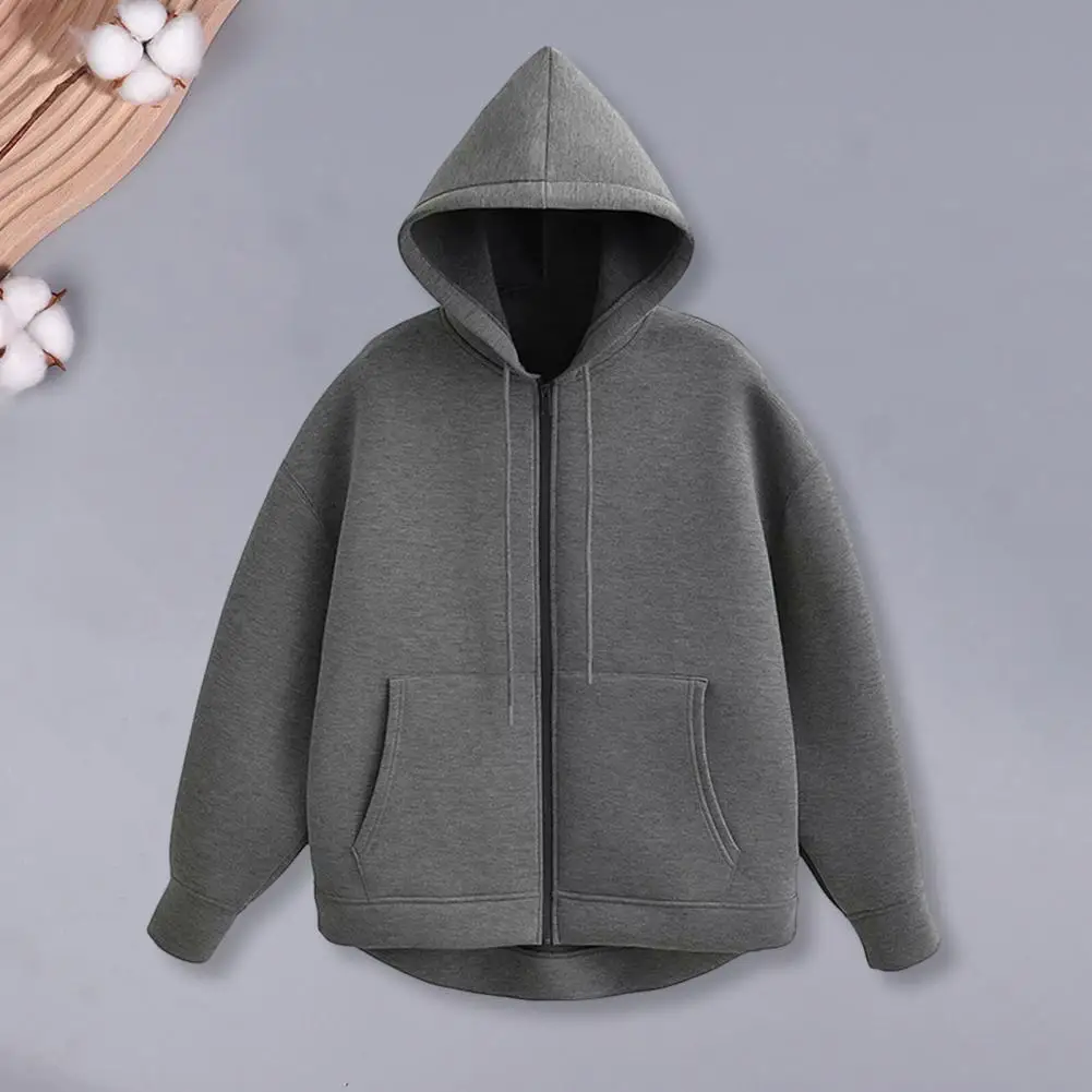 Zip-up Hoodie สีทึบ Hoodie เสื้อแจ็คเก็ตกีฬาคลุมด้วยผ้ามีสไตล์พร้อมกระเป๋าเชือกสําหรับผู้หญิงสวมเสื้อโค้ทพร้อมข้อมือยางยืด