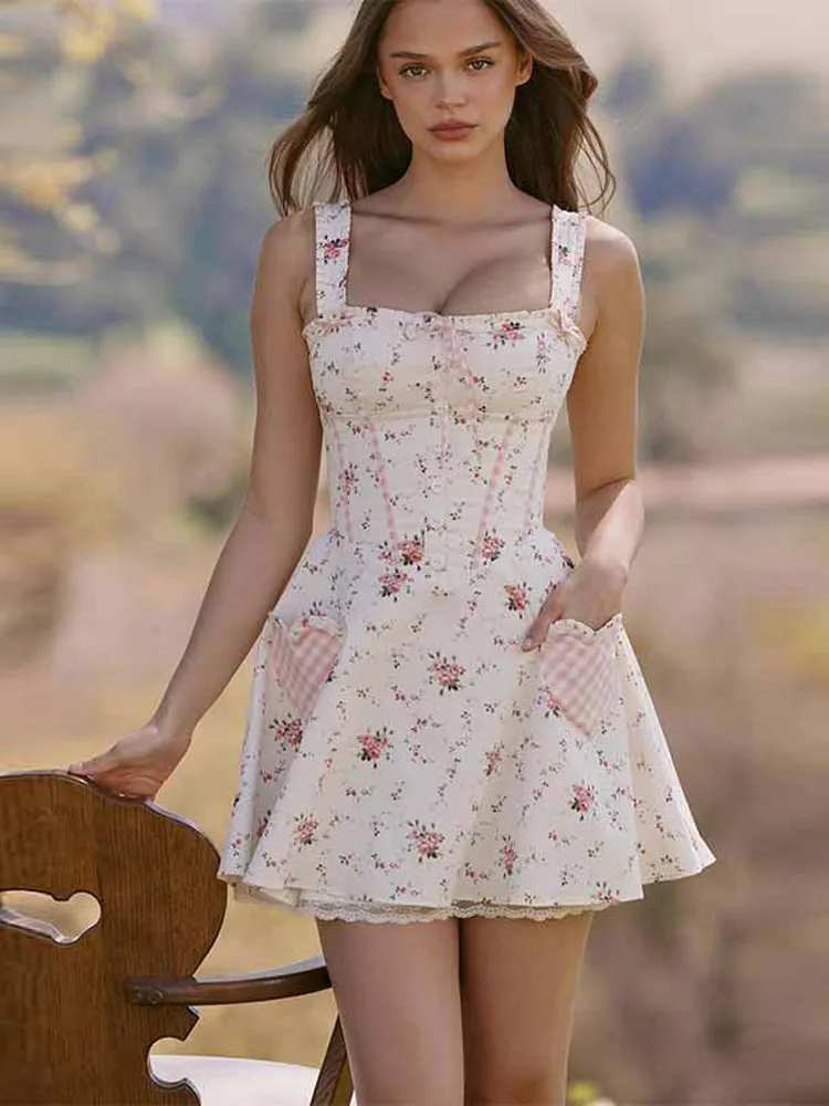 

Halter Floral Lace Printed Dress Checkered Patchwork Bow Suspender Slimming Off Shoulder Camisole Short Dresses Women's Clothing