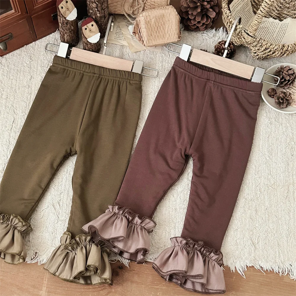 

2025 Winter New Baby Girls Fleece Leggings Solid Girls Lace Flared Pants Plus Velvet Thick Infant Warm Pants Toddler Trousers