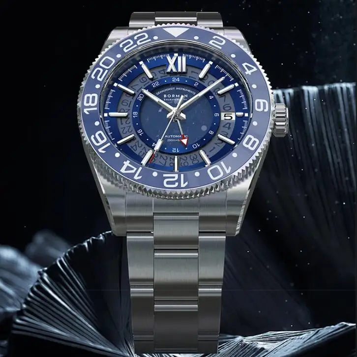 BORMAN Men Automatic Watch 40mm GMT Mechanical Wristwatch C3 Luminous 50M Waterproof Sapphire NH34 Ceramic Bezel