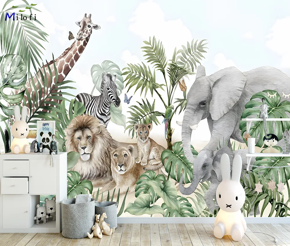 Milofi Custom Watercolor Jungle Nursery Elephant Giraffe Wallpaper Mural 3d Animal Wallpaper Sticker Art Background Wall