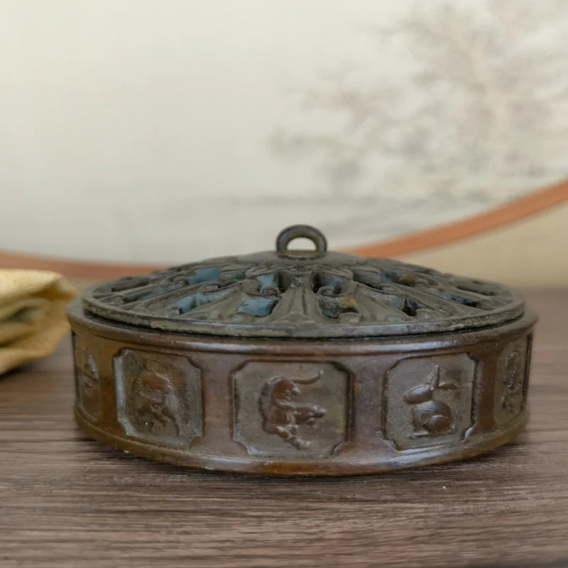 with the twelve zodiac signs, vintage patina, suitable for home, study, or office, decorative incense burner