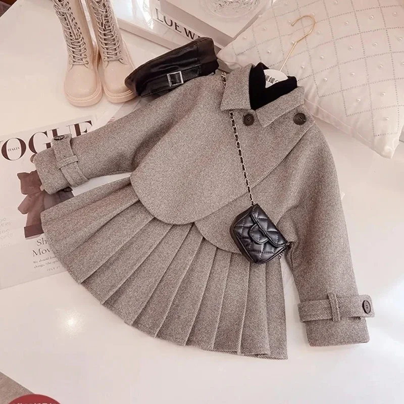 

Fashion Kids Girls Princess Outfits 2pcs Clothes Set Autumn Winter Children Coat Outwear + Skirts Vintage Outfits Suit