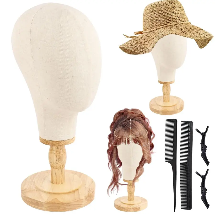 

Подставка для парика, 22-дюймовая голова манекена для париков со съемной прочной деревянной основой, холщовая стойка для держателя головы парика идеально подходит для прически
