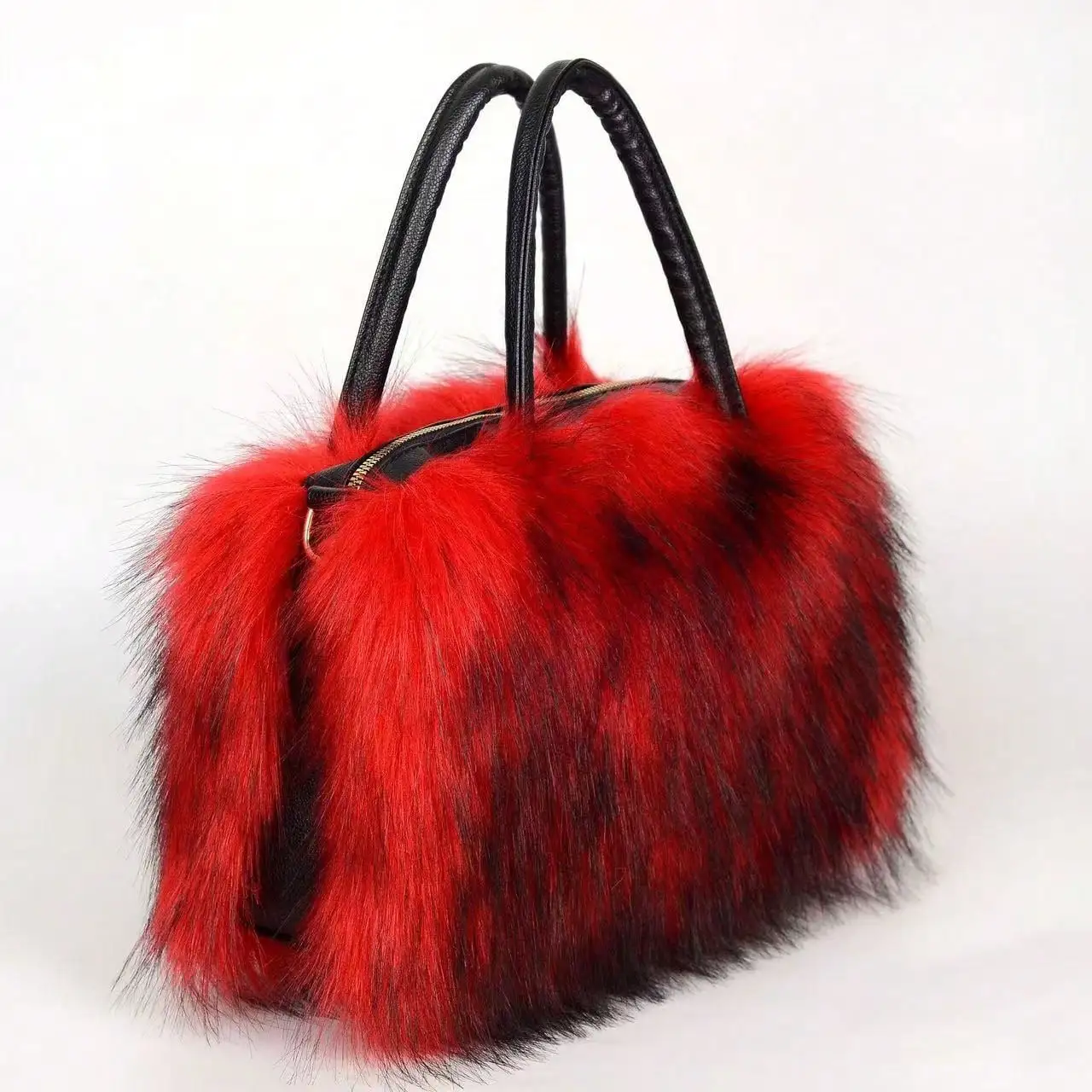 

Red Faux Fur Top-Handle Handbag with Black Leather Handles