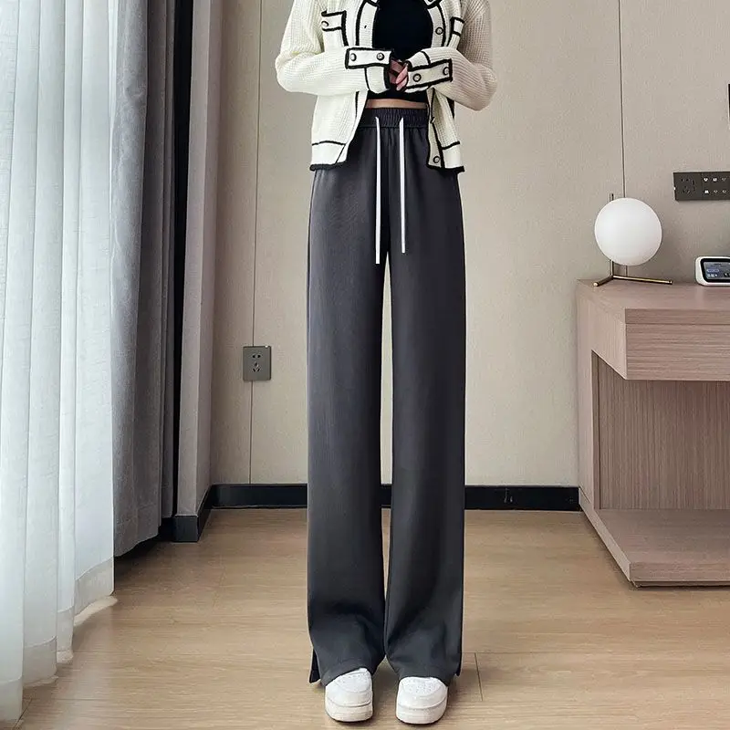 Wide Leg Pants Women Side-slit Casual High Waist Pure Spring Summer Jogger Soft All-match Streetwear Personality Full-length Ins