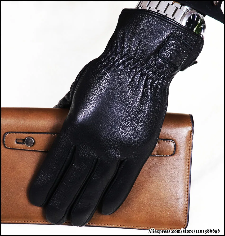 Hochwertige Herren-Lederhandschuhe, Hirschleder-Textur-Ziegenlederhandschuhe, winterwarme Flanellwolle, die mit dünnen und dicken Lederhandschuhen gestrickt ist, Fahrrad- und Fahrlederhandschuhe – Detail 8