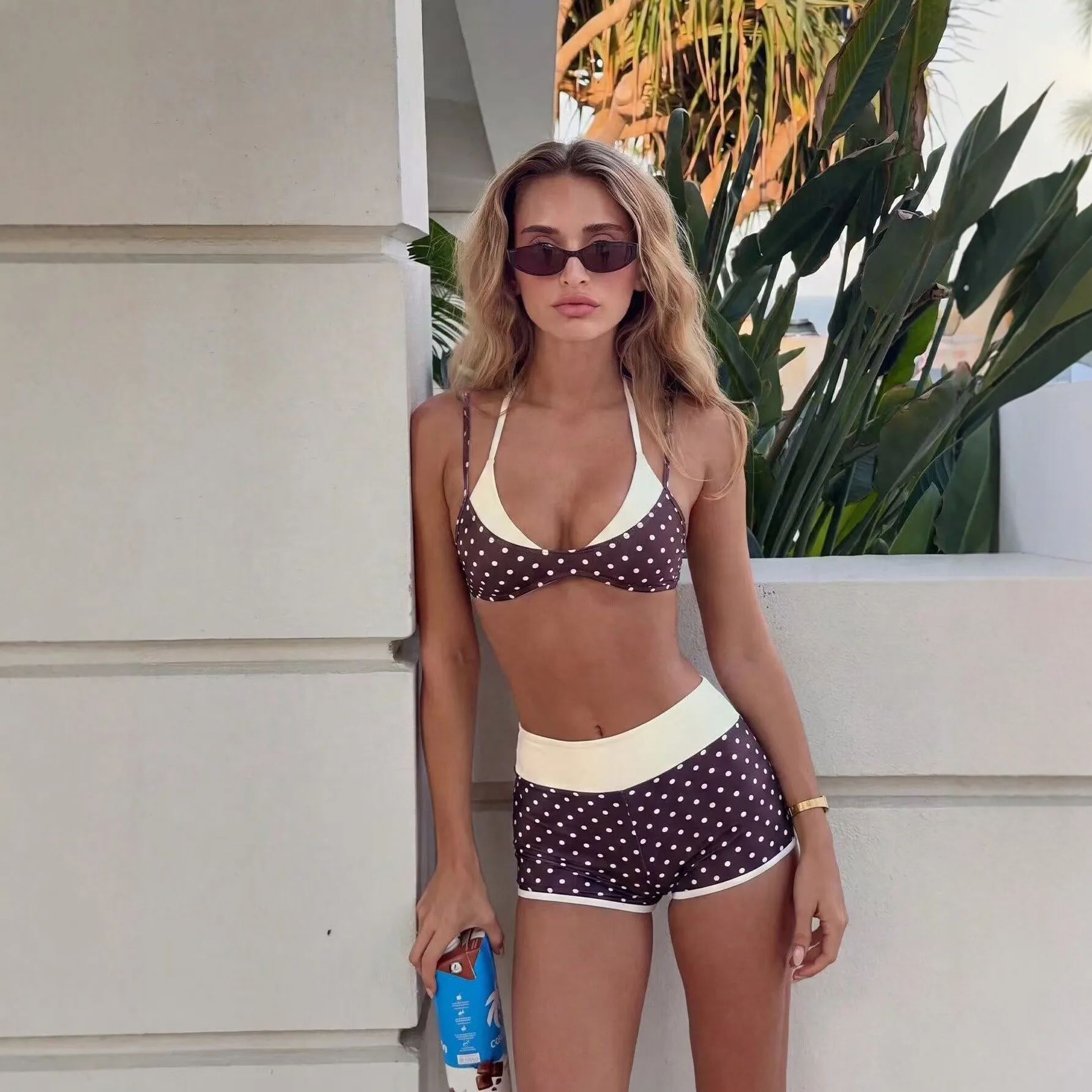 Vintage, Polka Dot Contrast High Waist Bikini, Spice Girl V-Neck Skinny Split Swimsuit
