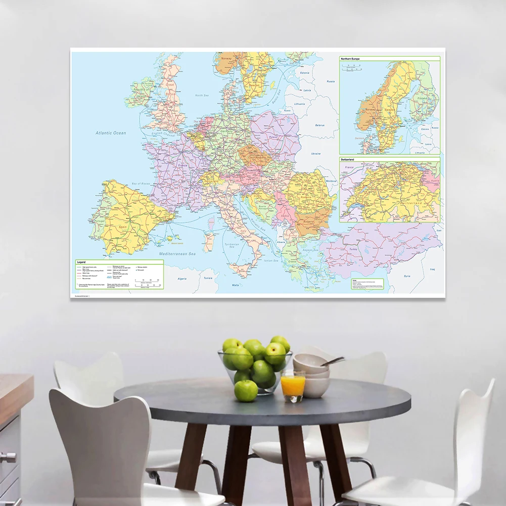 Imagem -02 - Pintura de Lona Não Tecida o Mapa da Europa Grande Cartaz de Arte Impressão sem Moldura Decoração Material Escolar 225x150cm