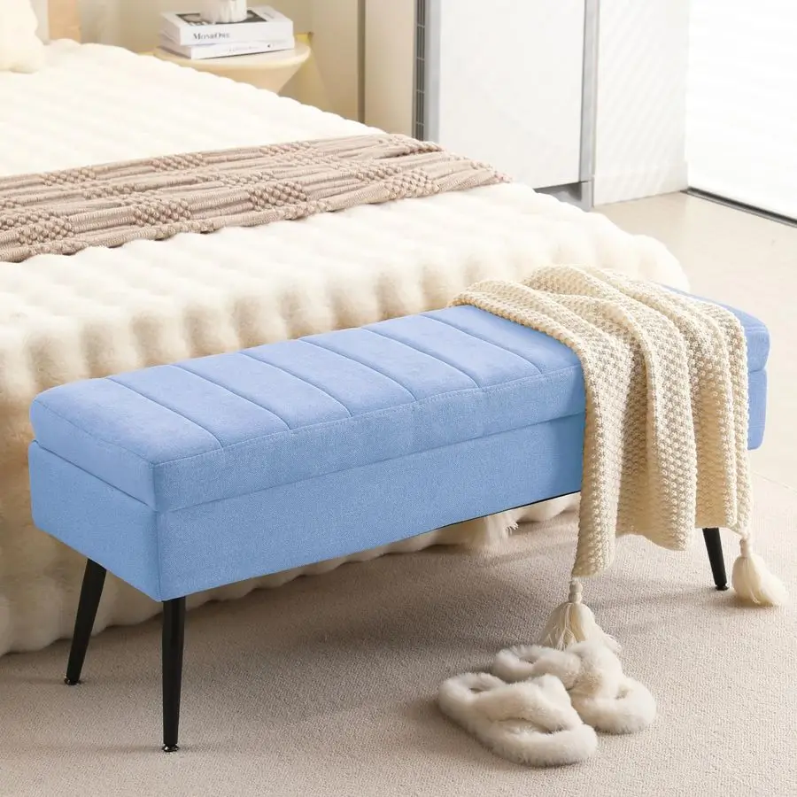 Storage Ottoman Bench, 43.5 Upholstered Entryway Bench, Long Ottoman with Storage for Living Room, Support 660lbs Fabric Lagoon