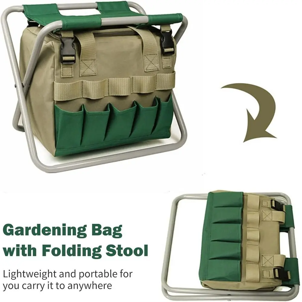 

New Organizer Gardening Tote Bag Lawn Yard Bag Carrier with Folding Stool Green Capacity Gardening Tool Kit