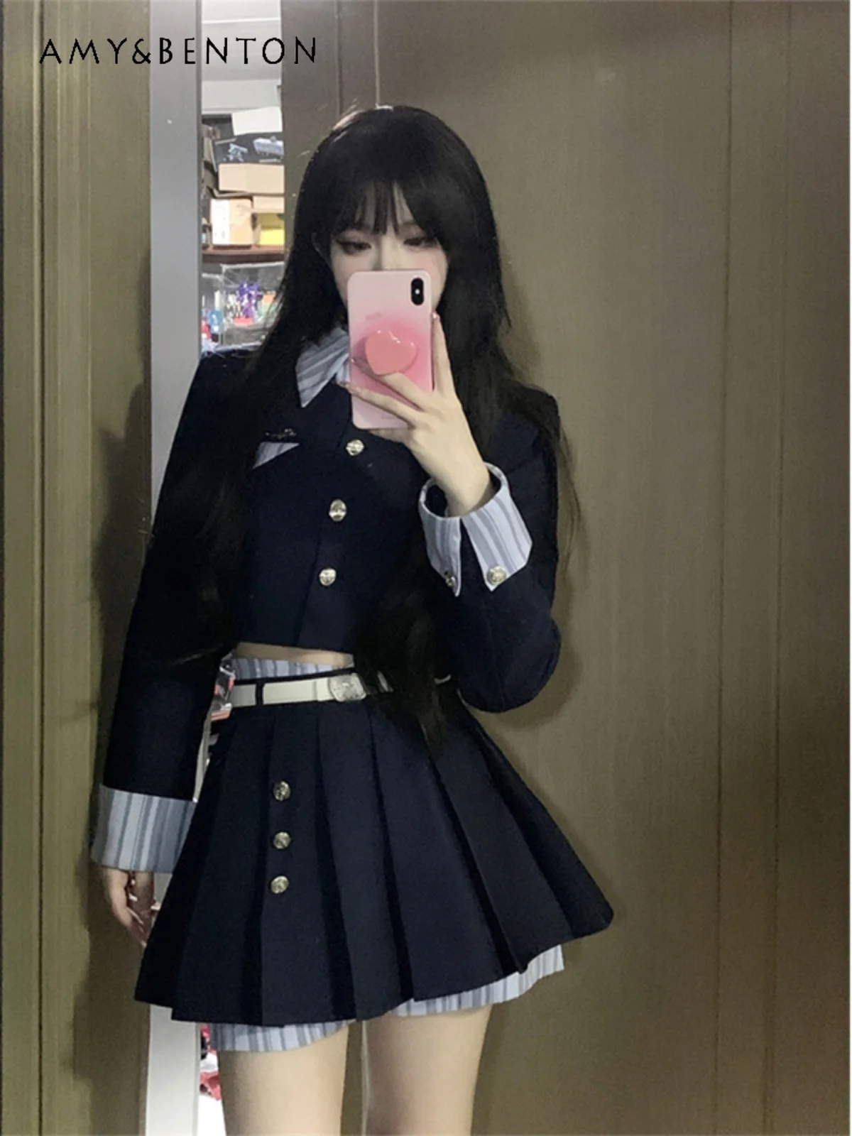 

2025 Autumn New Women's College Style JK Uniform Set Korean Style High-End Fake Two-Piece Blazer and Pleated Skirt Set