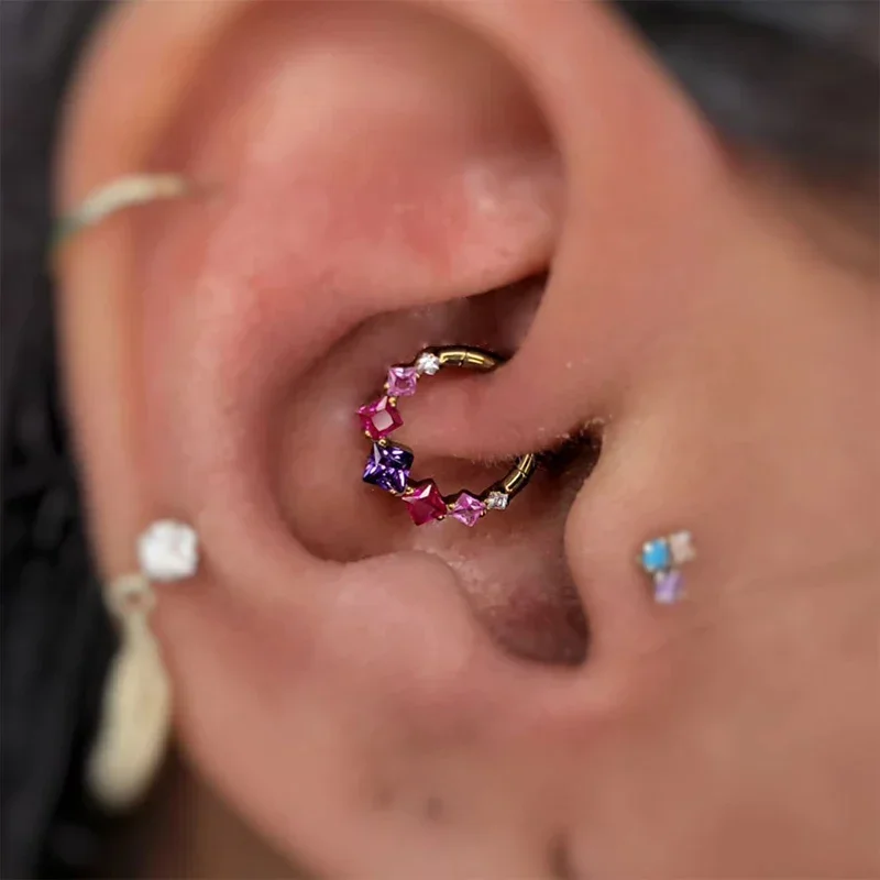 G23 Titanium EAR Nose Ring PIERC with 5 Square Zircon Ring Hoop Face Hinged Segment Clicker Labret Cartilage Piercing Jewelry