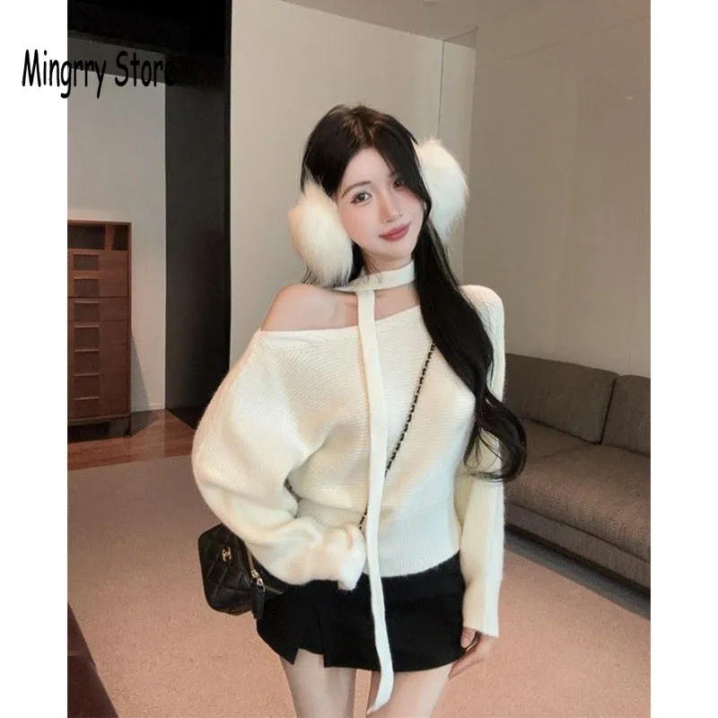 

Red Christmas Loose Long Sleeve Knitted Sweater Women Autumn Winter Off-shoulder New Korean Style Scarf Design Soft Cozy Sweater
