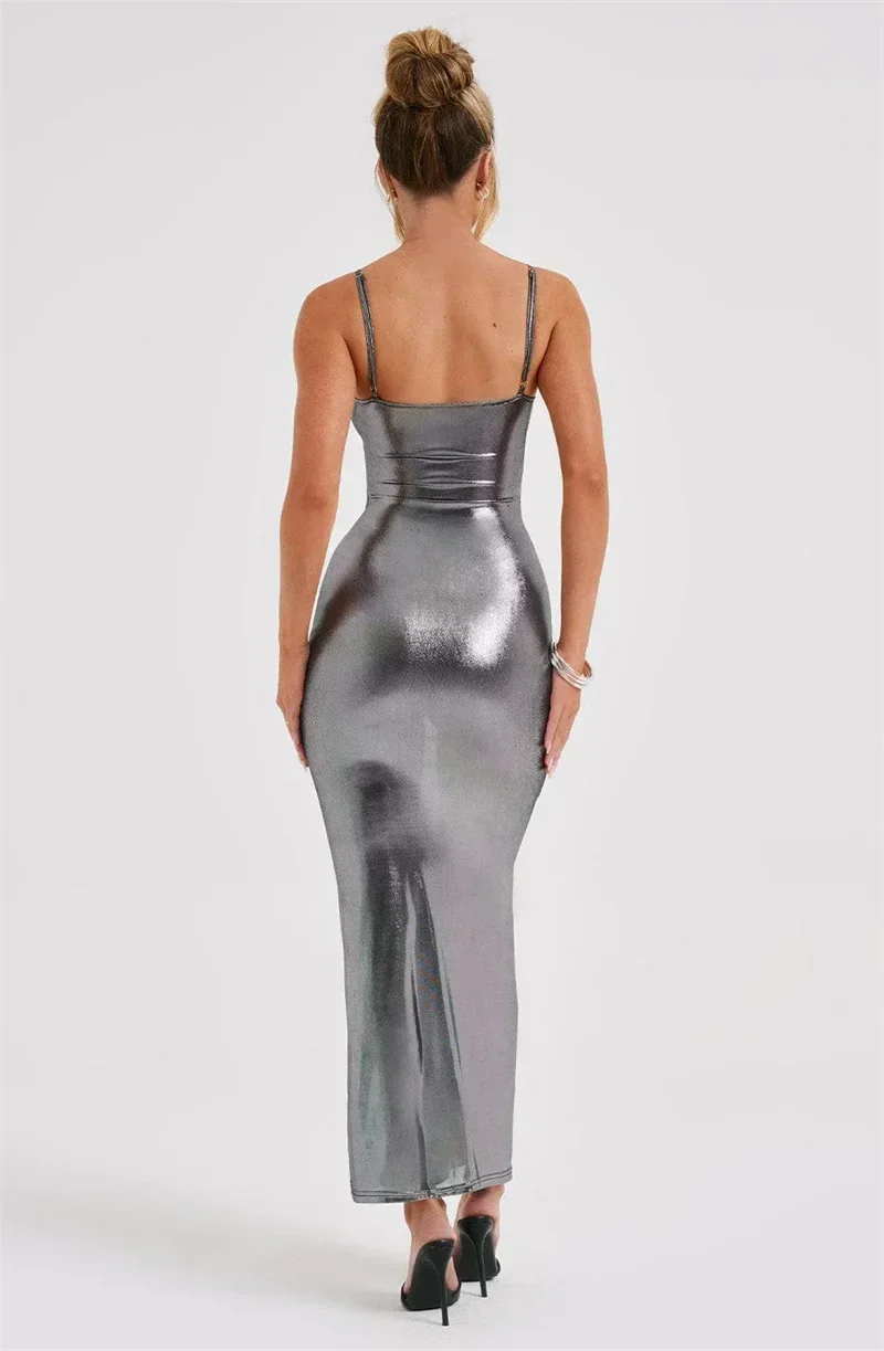 Shiny Bodycon Slim Women Sexy Ankle Length Long Dress Spaghetti Strap Glitter Metallic Midi Party Dress 2023 Silver Club Dress