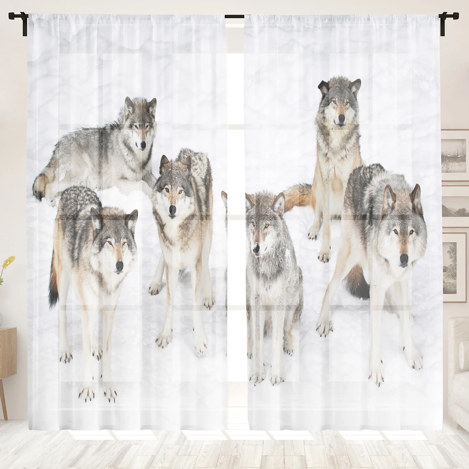 

Wolf Pack Printed Tulle Curtain for Home Decor - Rod Pocket Sheer Window Curtains Treatment for Bedroom, Kitchen, Living Room