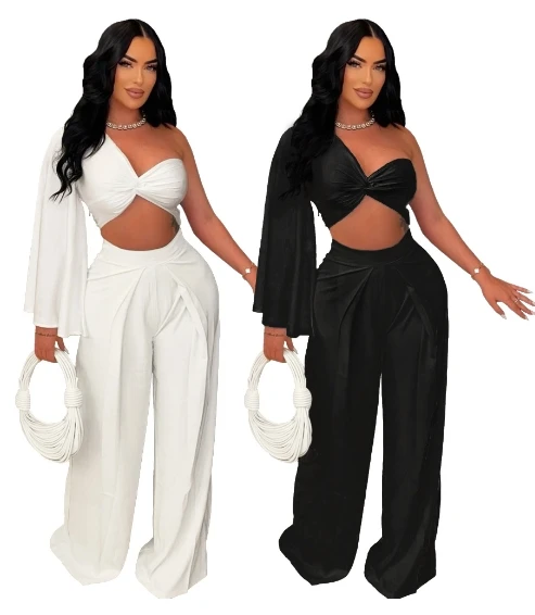 New Single Shoulder Wrinkle Solid Color Set for Women's Fashion Casual Pants Set 2025 Summer New Women's Clothing