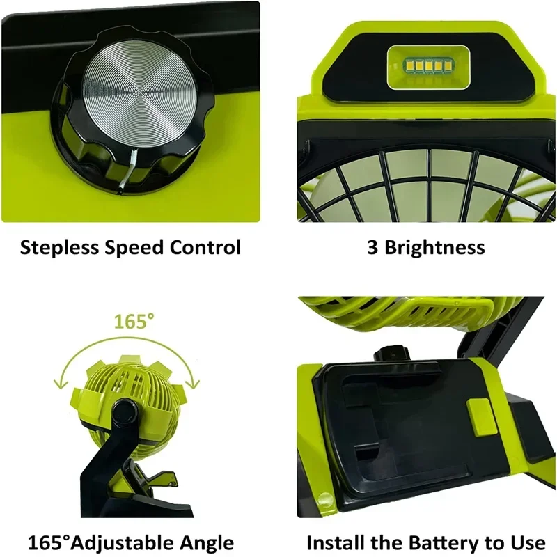 For Makita/Bosch/Dewalt/Milwaukee/Black Decker 18V Battery Cordless Work Fan with Adapter with LED Light Battery Powered Fan