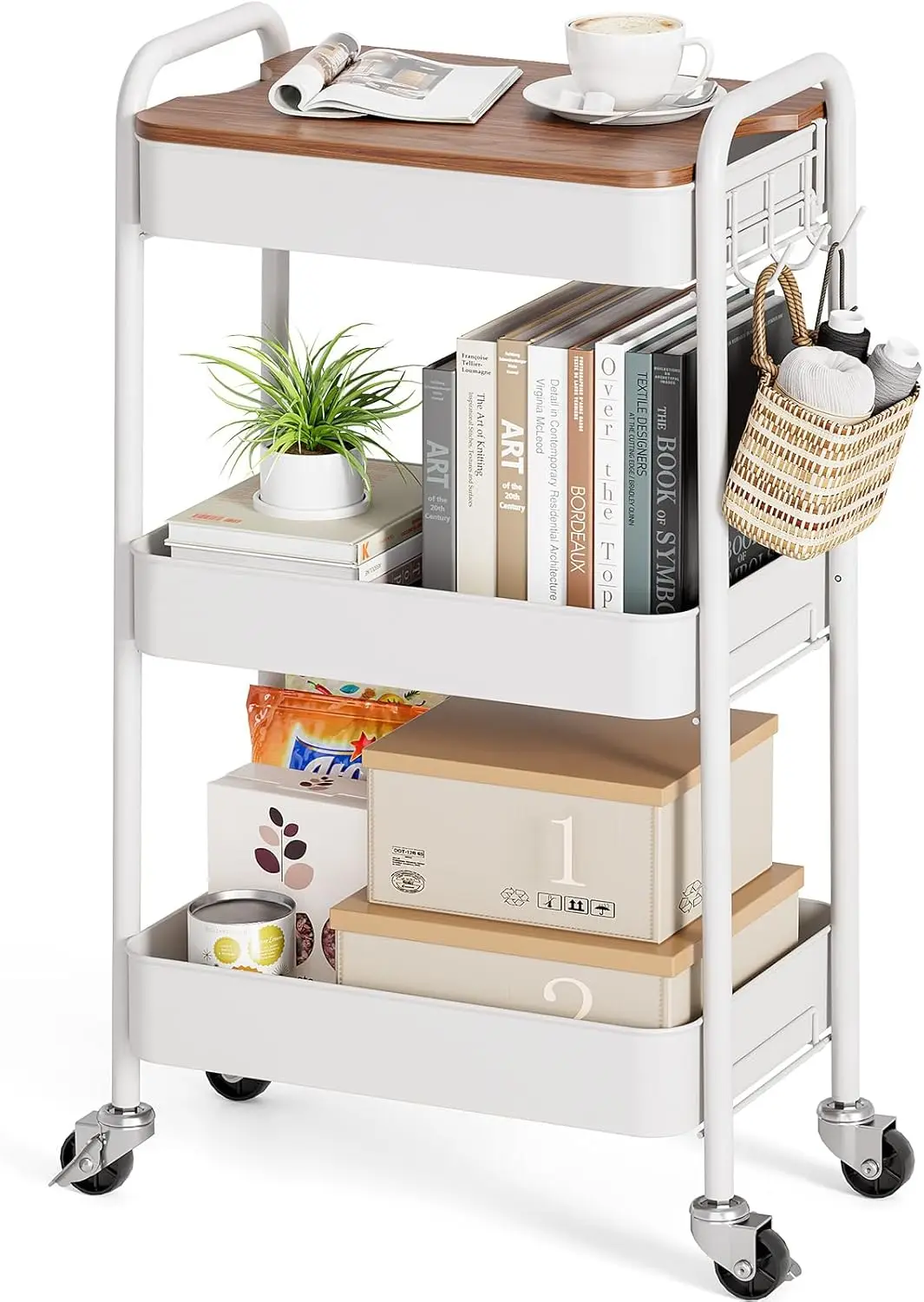 

3-Tier Rolling Cart with Wooden Table Top, Metal Storage Organizer on Lockable Wheels for Home Office Kitchen