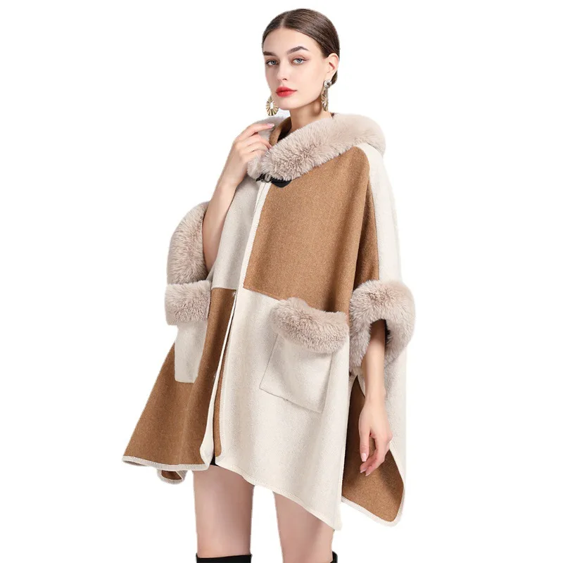 Colore a contrasto 2022 Donne di Inverno Del Collo In Pelliccia Sintetica Mantello Allentato Outstreet Wear Caldo di Spessore Poncho Cardigan Cappotto Della Signora Con Tasca Del Cappello