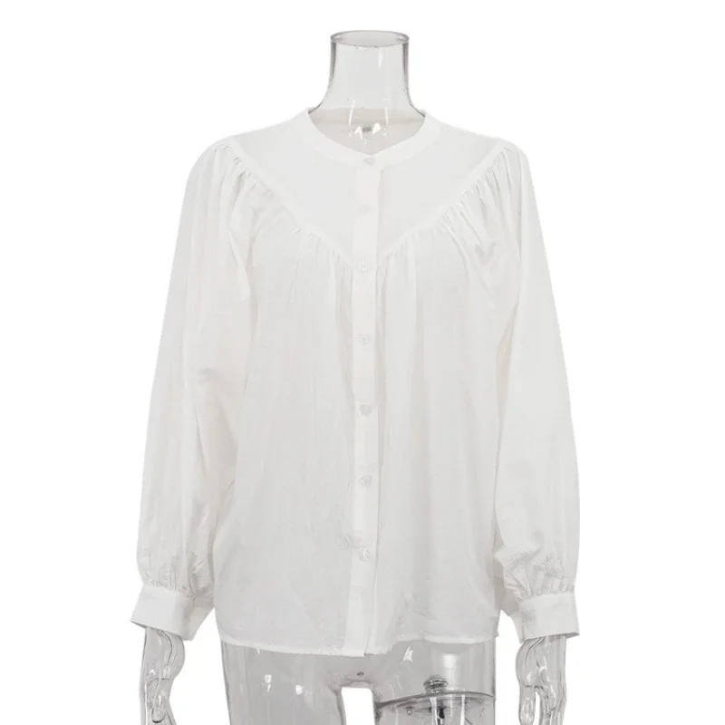 قميص أبيض عصري غير رسمي للنساء بياقة واقفة وأكمام طويلة سترة صوفية واحدة الصدر للخريف