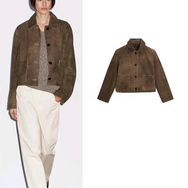 春の新作レディースレザージャケットベルベットPUシミュレーションレザーカラーバイカースタイルファッショナブルでエレガントなアウターウェア