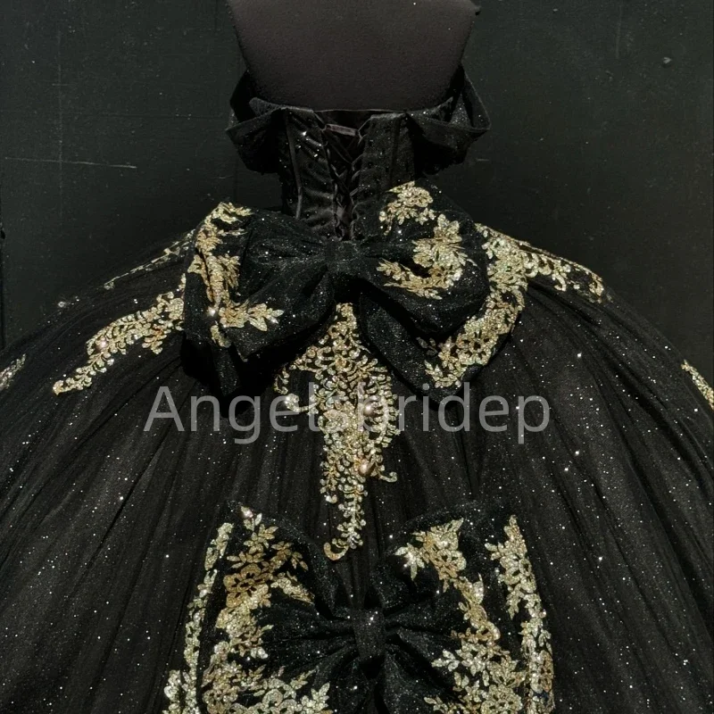 Angelsbridep Abito da ballo nero personalizzato Abiti Quinceanera Applicazioni in oro Perline Abito da sera da sera Donna Abiti da festa