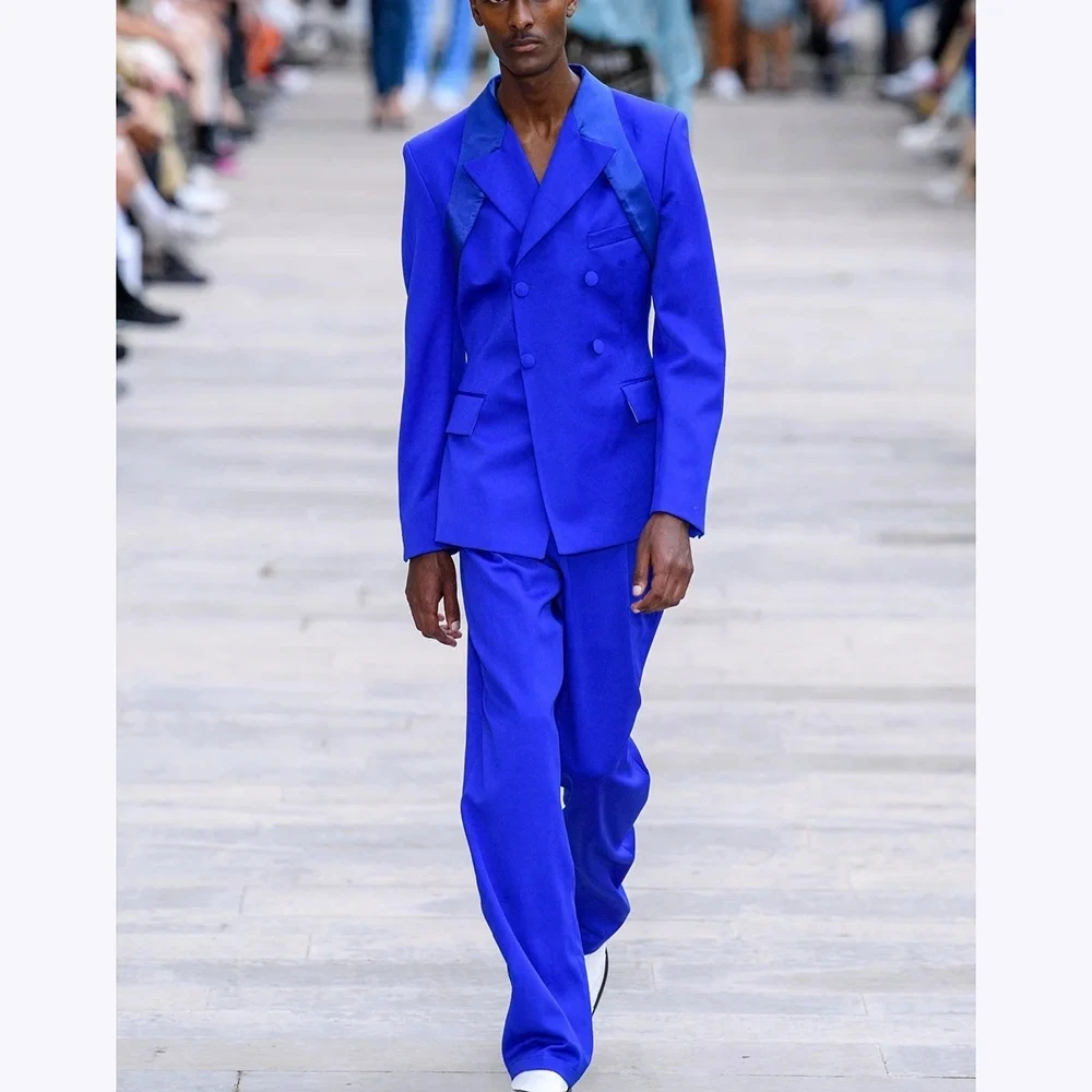 

Новые синие мужские костюмы с поясом, двубортный пиджак, комплекты, куртка, брюки, деловое формальное повседневное платье для жениха, выпускного вечера, индивидуальный заказ для мужчин