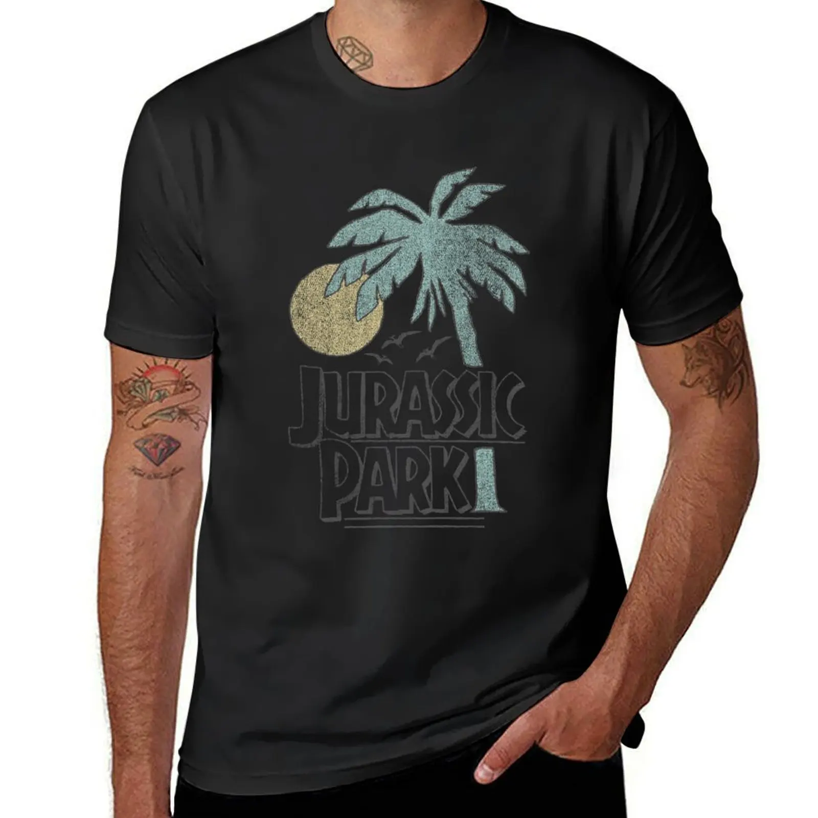 

Jurassic Park Vintage Line Art Sunset Tropical Logo T-Shirt blacks aesthetic clothes vintage clothes mens white t shirts