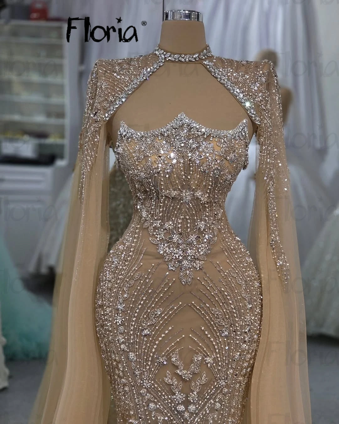 

Unique Nude Prom Dresses Long Cape Sleeve Crystals Formal Women Party Gowns Customized Dubai Wedding Reception Dresses Arabic