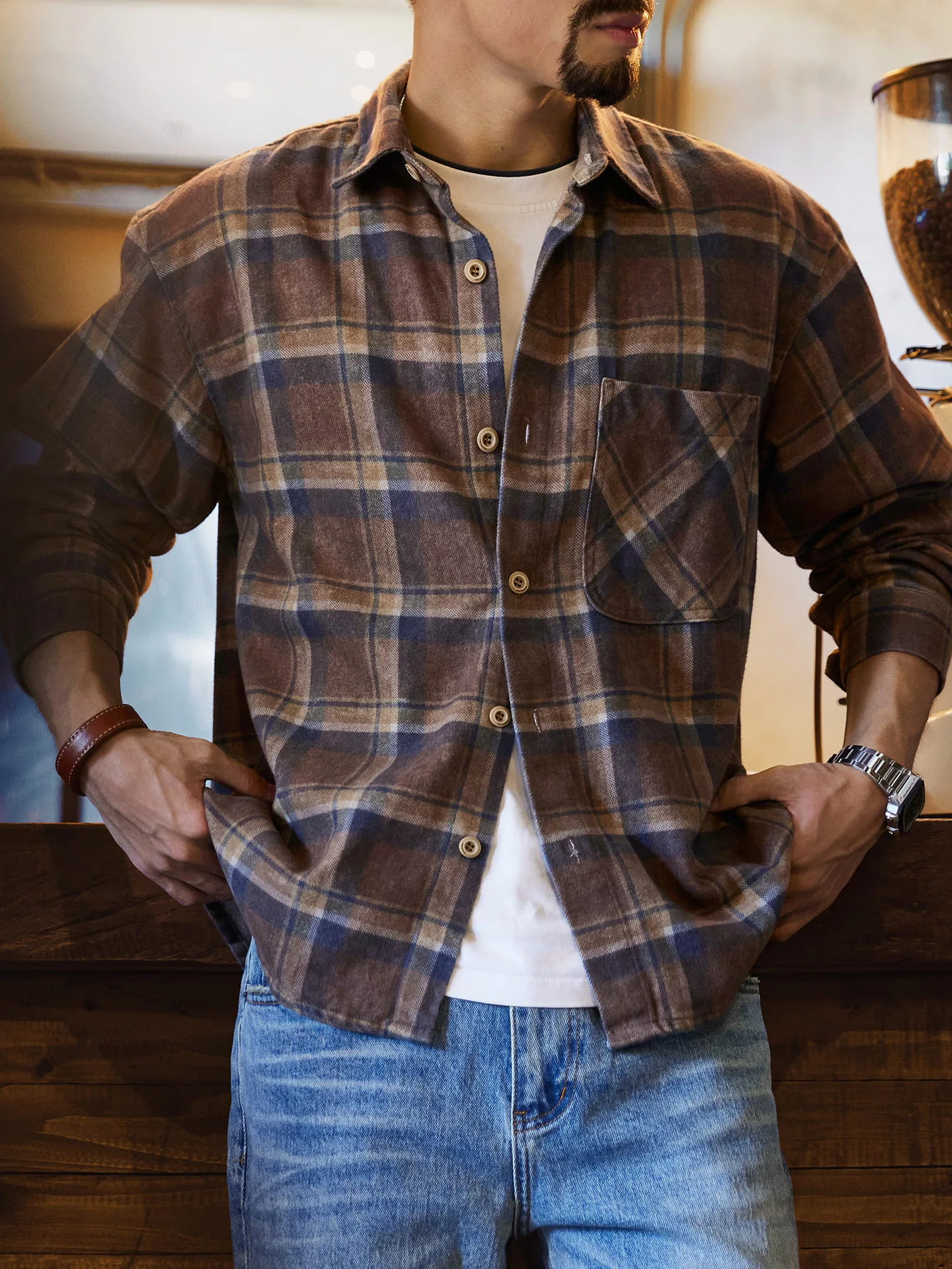 Larsee Mocha Washed Plaid Shirt Men's Loose Long Sleeve Casual Outerwear Trendy Autumn New Style American Style Cotton Lyocell