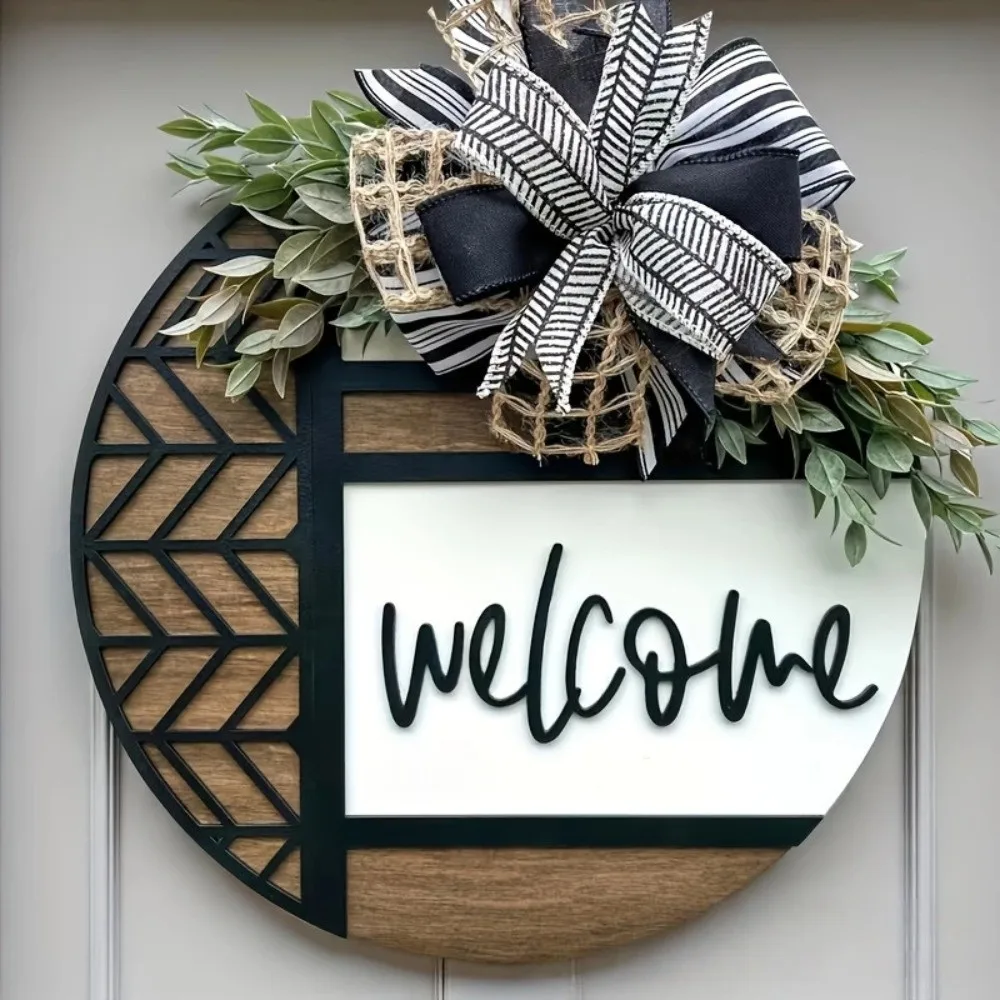 Ornaments Wooden Welcome Sign Artificial Plant Bow Knot Door Wreath Round Shape Welcome Hanging Decoration Front Door