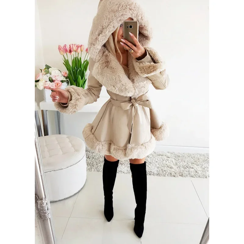 Lapel Fur Jacket for Women Winter Warmth Ruffled Edge Hooded Jacket with Waistband