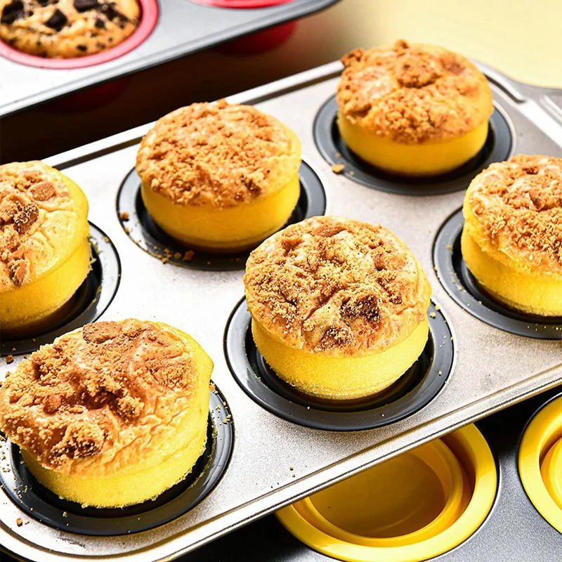Panci Muffin silikon dengan bingkai logam, cetakan silikon pembuat gigitan telur untuk memanggang, wajan Cupcake 12 ukuran biasa