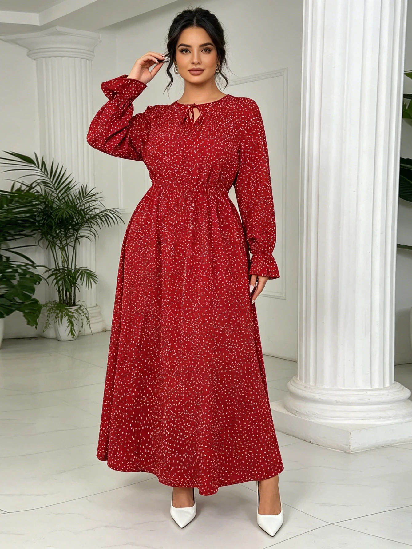 

Fashion New Spring and Autumn Round Neck Lace-up Polka Dot Women's Horn Long-sleeved Dress Elegant Large Size Long Casual Dress